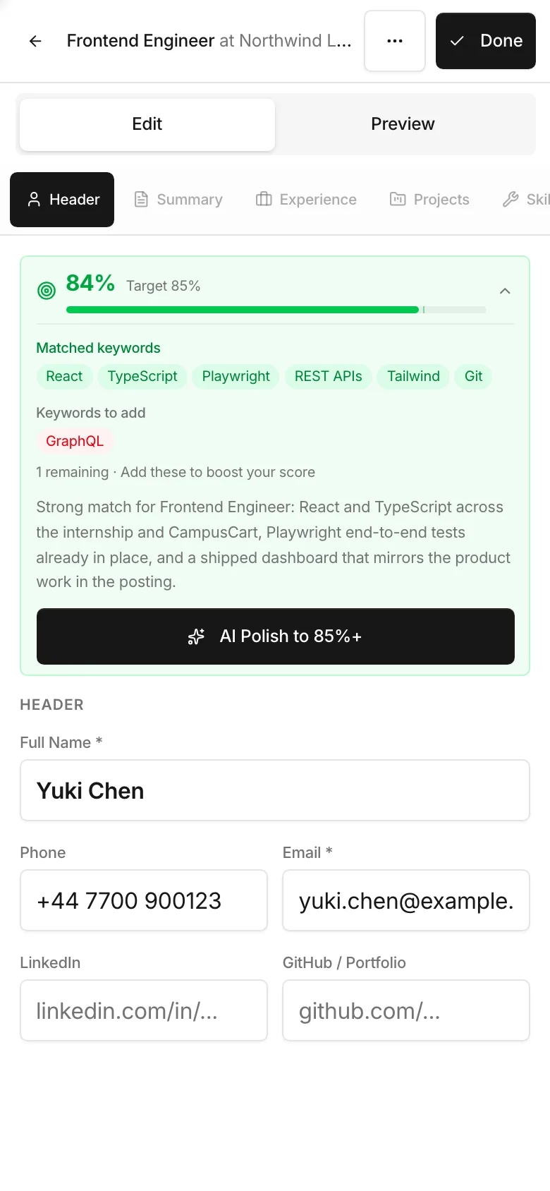 A résumé result on a phone