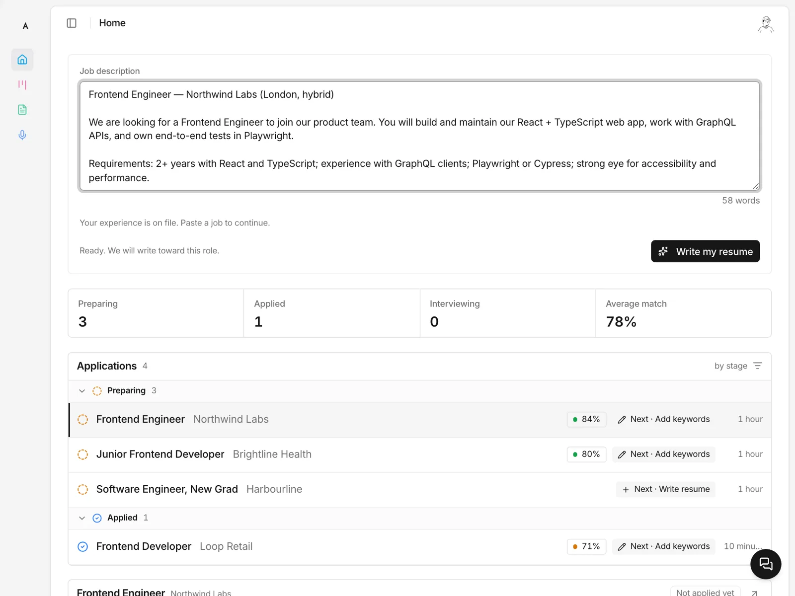 The home command bar with a job description pasted in